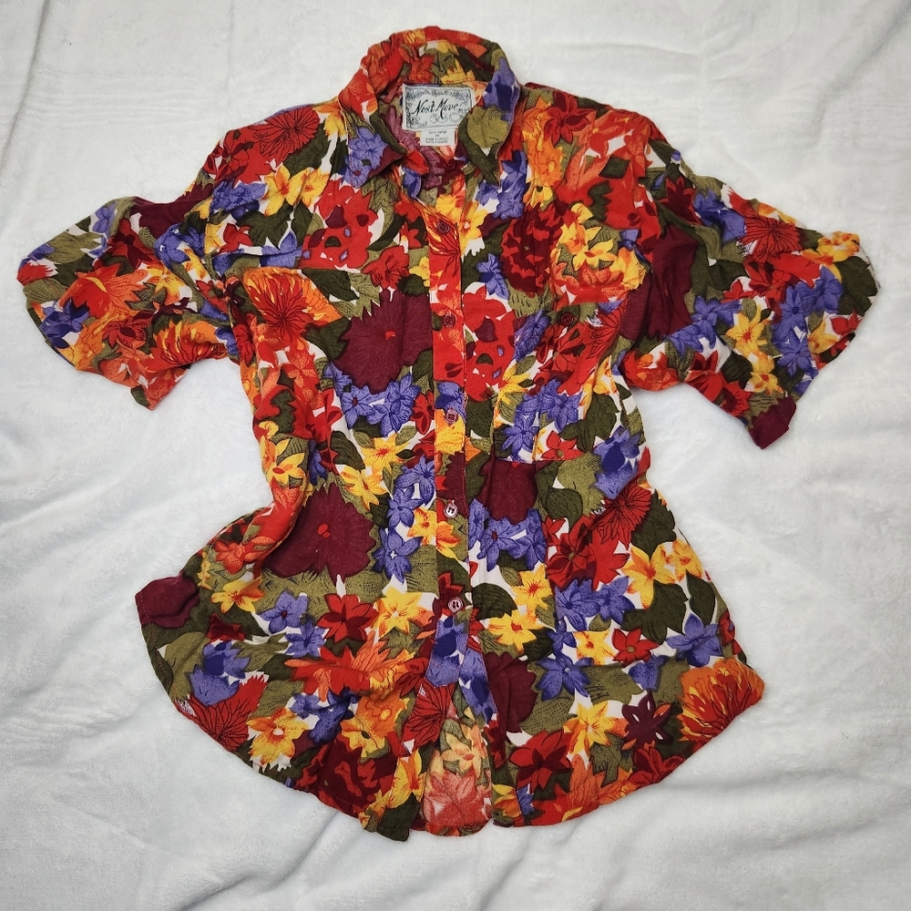 Next Move Vintage 80s Bright Colorful Floral Button Down Shirt